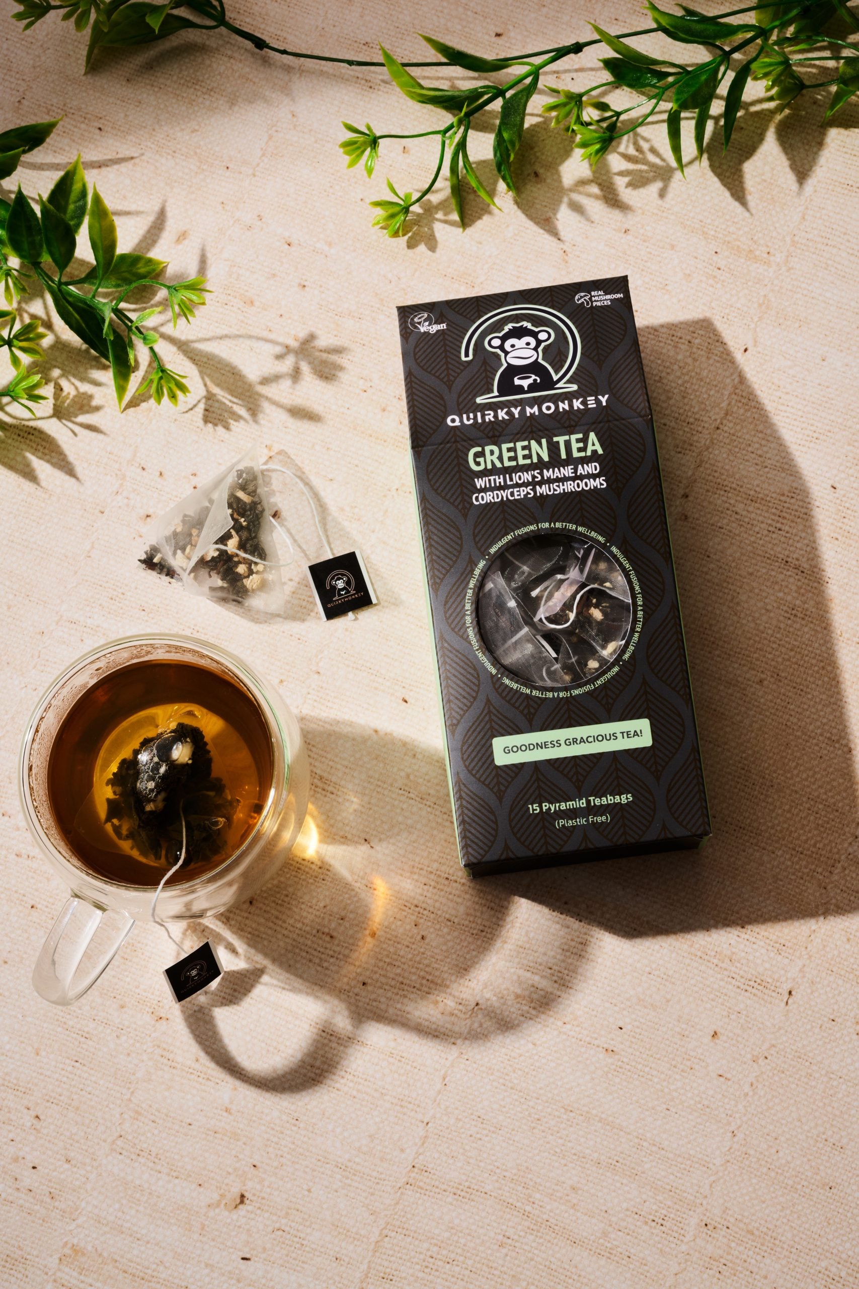 Quirky Monkey Green Tea with Lion’s Mane & Cordyceps Mushroom ( Goodness Gracious Tea!) 15 x Pyramid Teabags